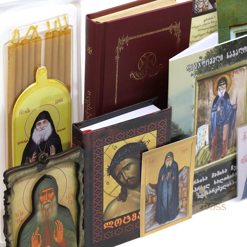 Sacred Georgian Orthodox Gift Set of St Gabriel of Samtavro/Relic Icon/ Georgian New Testament/ Prayer Book and Akathist /Georgian Language - Image 3