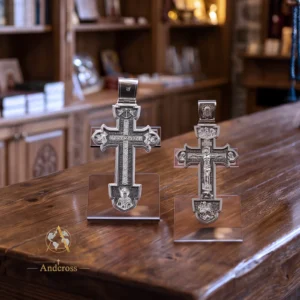 Orthodox Silver Cross “The Crucifixion of Christ, the Deesis, the Holy Trinity, Great Martyr George, and Saint Alexander Nevsky” with a Prayer to the Precious Cross